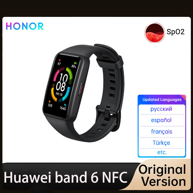 Original Honor Band 6 NFC STD 스마트 손목 밴드 첫 번째 전체 화면 1.47 &AMOLED 컬러 터치 스크린 수영 심박수 수면 스트레스 음악